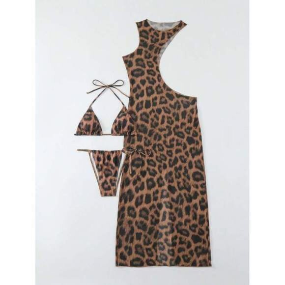New SXY 2 Pcs 2025 Women Leopard Print Halter Tie Sexy Bikini Set With Cover-Up - Picture 4 of 7